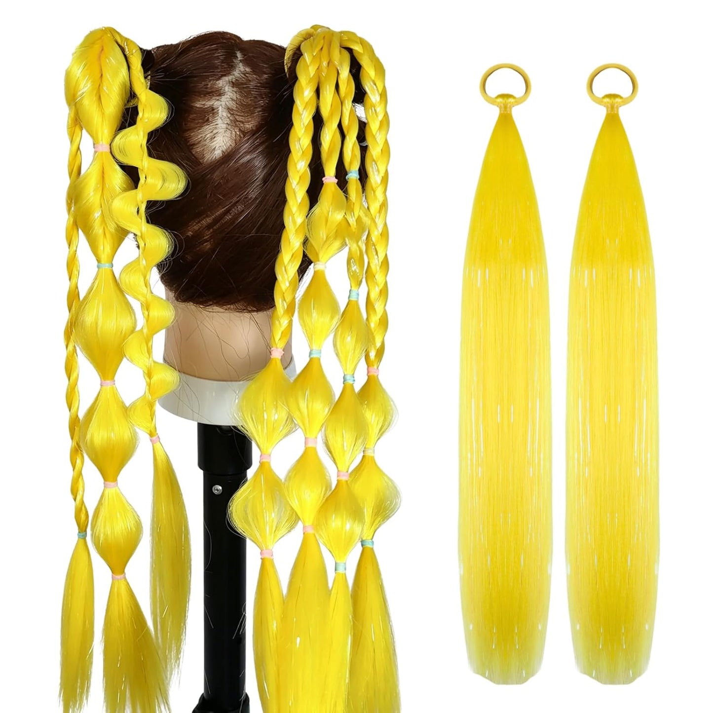 Yellow Hair Extensions for Braids Ponytail Extension 2 Packs, 20 inch Crazy Hair Day Accessories for Women, DIY Festival Wacky Rave Braids,Tinsel Mixed