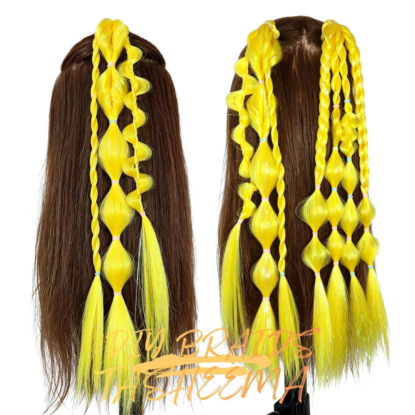 Yellow Hair Extensions for Braids Ponytail Extension 2 Packs, 20 inch Crazy Hair Day Accessories for Women, DIY Festival Wacky Rave Braids,Tinsel Mixed