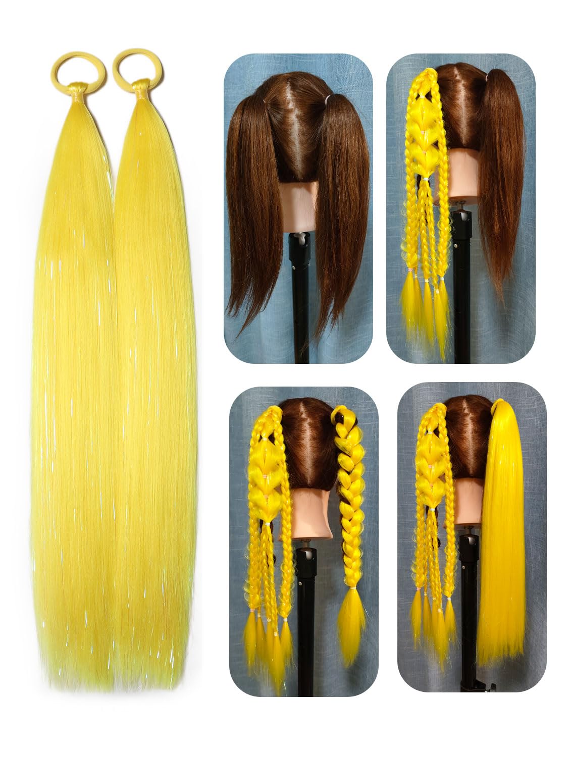 Yellow Hair Extensions for Braids Ponytail Extension 2 Packs, 20 inch Crazy Hair Day Accessories for Women, DIY Festival Wacky Rave Braids,Tinsel Mixed