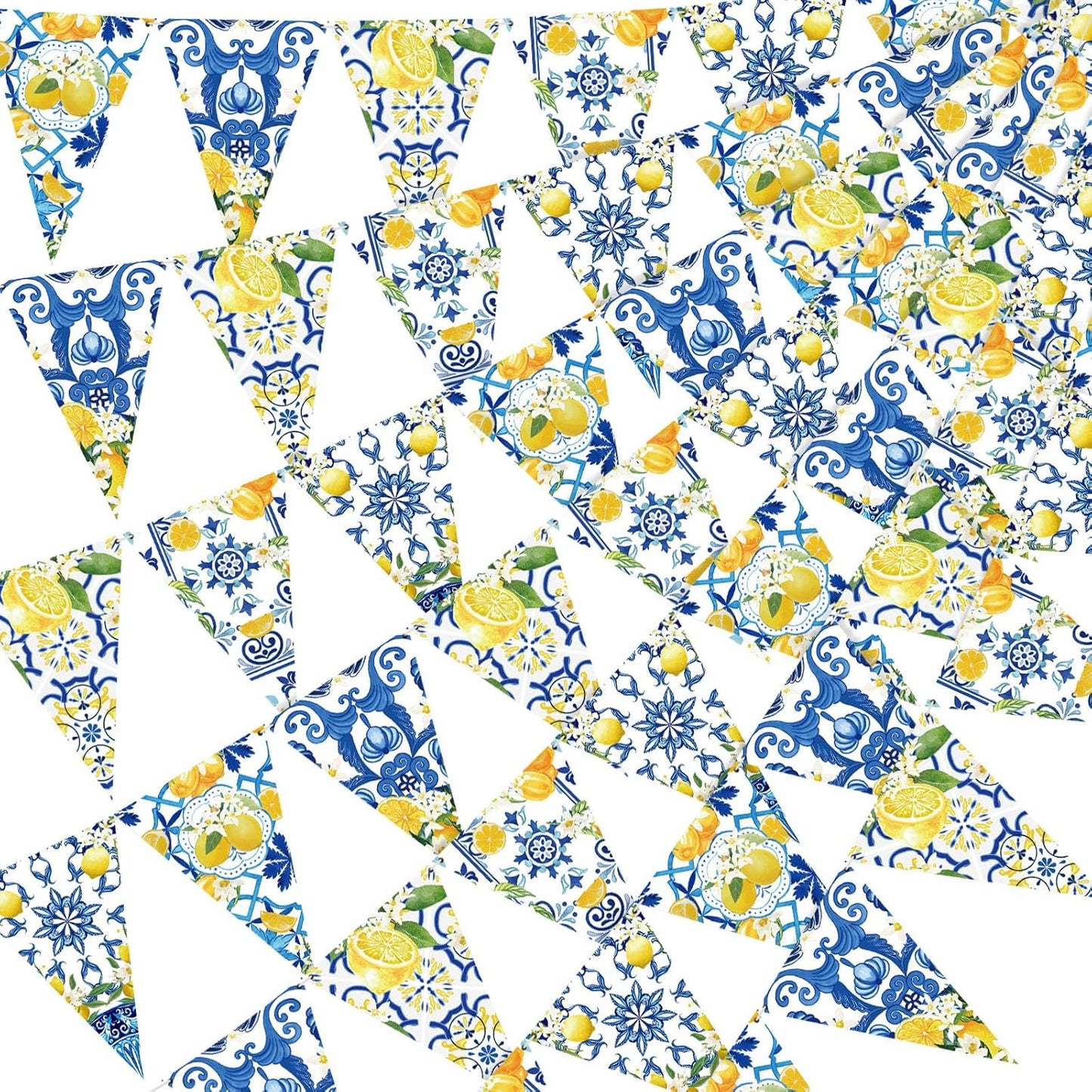 5 Pcs Blue Tiles Lemon Pennant Banners Amalfi Coast Party Decorations Italian Theme Blue Tiles Yellow Lemon Triangle Flags Summer Lemonade Decor for Wedding Bridal Shower Birthday Supplies