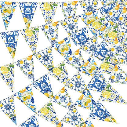 5 Pcs Blue Tiles Lemon Pennant Banners Amalfi Coast Party Decorations Italian Theme Blue Tiles Yellow Lemon Triangle Flags Summer Lemonade Decor for Wedding Bridal Shower Birthday Supplies