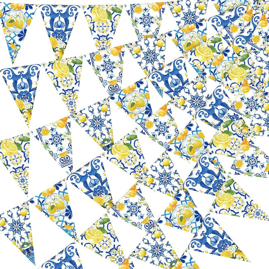 5 Pcs Blue Tiles Lemon Pennant Banners Amalfi Coast Party Decorations Italian Theme Blue Tiles Yellow Lemon Triangle Flags Summer Lemonade Decor for Wedding Bridal Shower Birthday Supplies