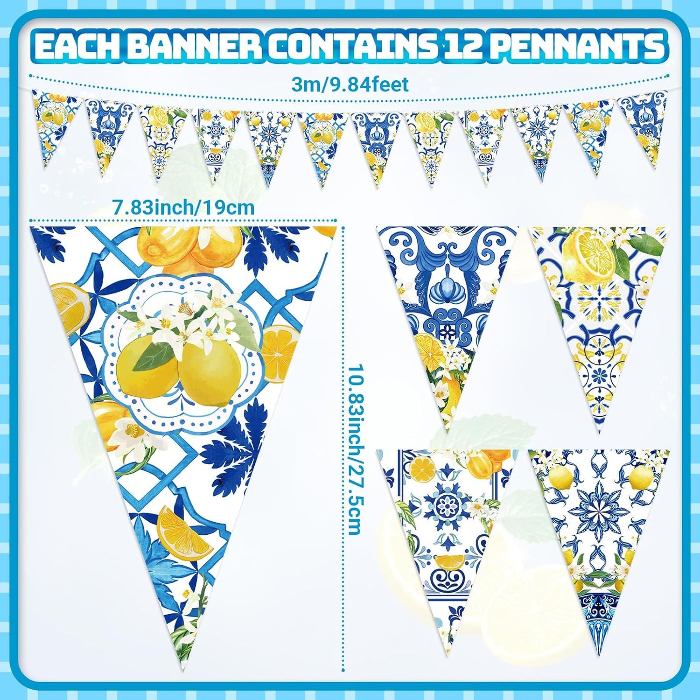 5 Pcs Blue Tiles Lemon Pennant Banners Amalfi Coast Party Decorations Italian Theme Blue Tiles Yellow Lemon Triangle Flags Summer Lemonade Decor for Wedding Bridal Shower Birthday Supplies