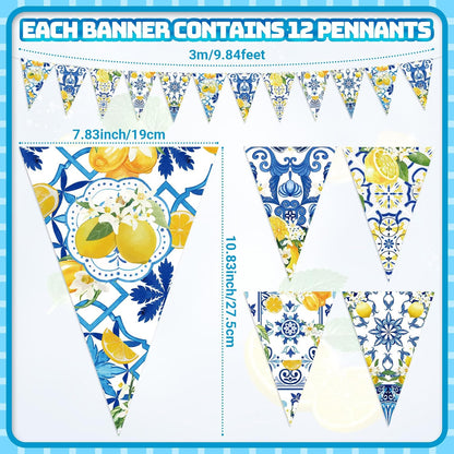 5 Pcs Blue Tiles Lemon Pennant Banners Amalfi Coast Party Decorations Italian Theme Blue Tiles Yellow Lemon Triangle Flags Summer Lemonade Decor for Wedding Bridal Shower Birthday Supplies