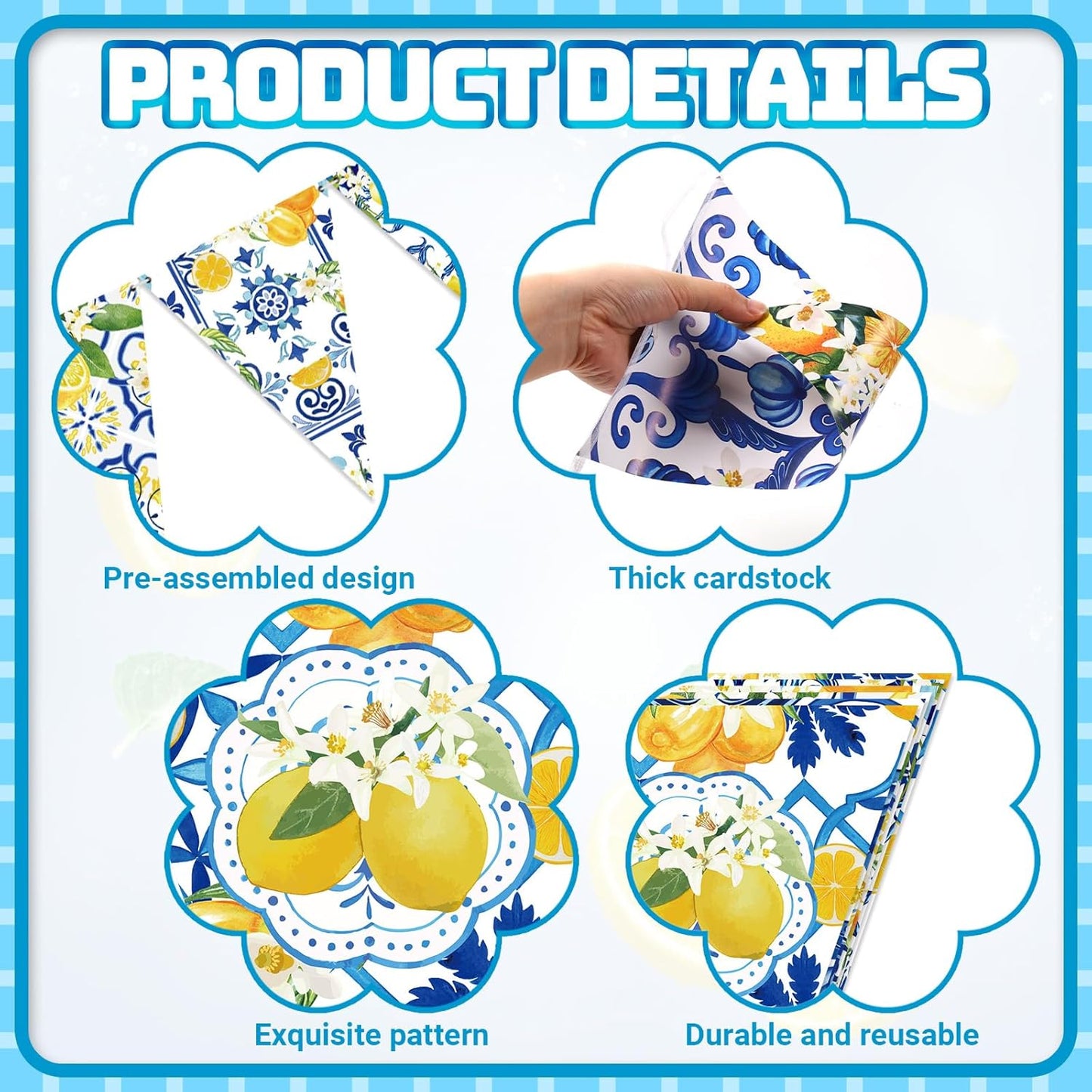 5 Pcs Blue Tiles Lemon Pennant Banners Amalfi Coast Party Decorations Italian Theme Blue Tiles Yellow Lemon Triangle Flags Summer Lemonade Decor for Wedding Bridal Shower Birthday Supplies