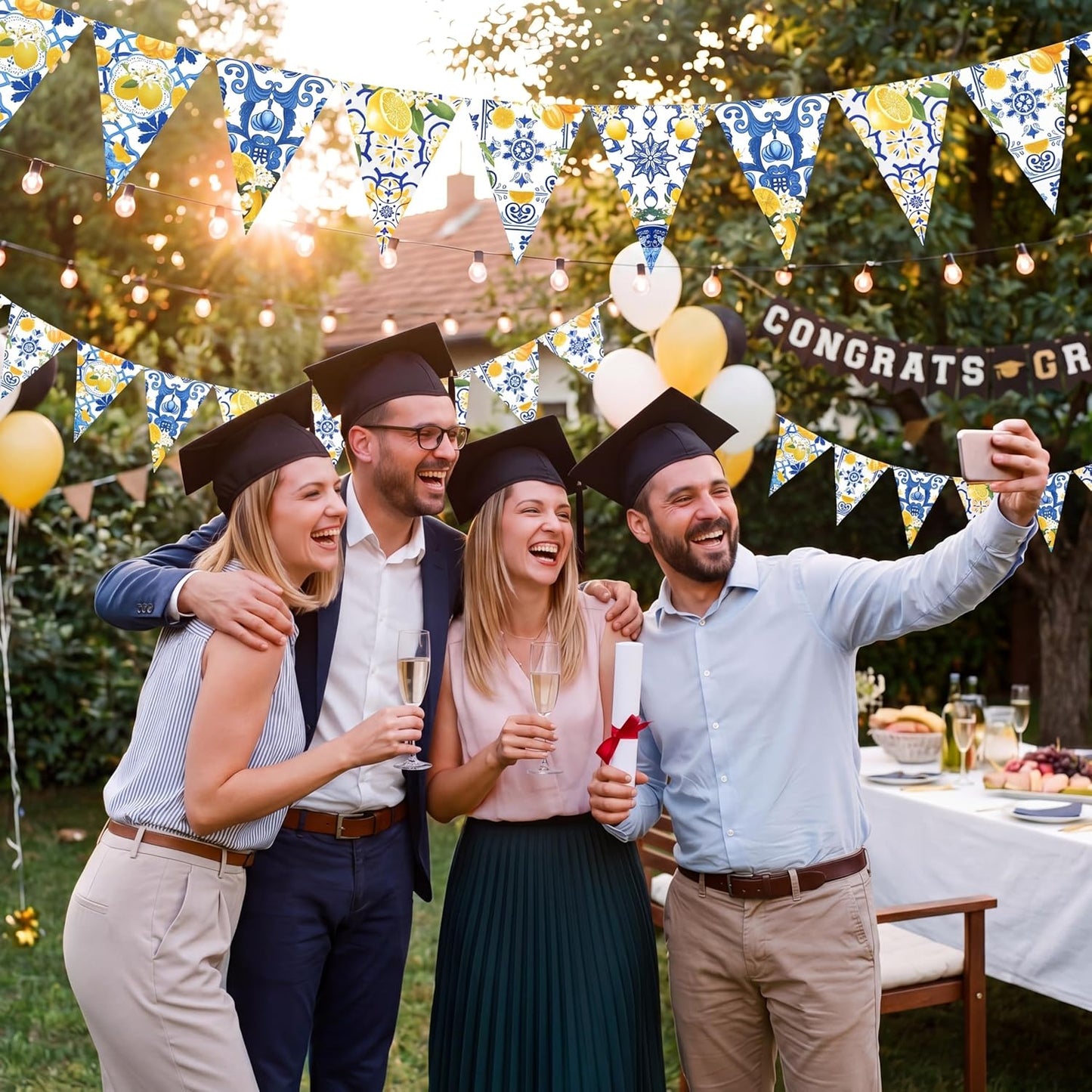 5 Pcs Blue Tiles Lemon Pennant Banners Amalfi Coast Party Decorations Italian Theme Blue Tiles Yellow Lemon Triangle Flags Summer Lemonade Decor for Wedding Bridal Shower Birthday Supplies