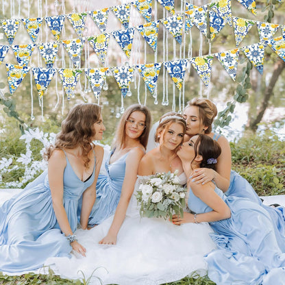 5 Pcs Blue Tiles Lemon Pennant Banners Amalfi Coast Party Decorations Italian Theme Blue Tiles Yellow Lemon Triangle Flags Summer Lemonade Decor for Wedding Bridal Shower Birthday Supplies