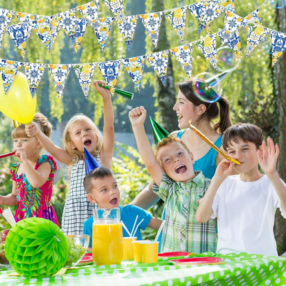 5 Pcs Blue Tiles Lemon Pennant Banners Amalfi Coast Party Decorations Italian Theme Blue Tiles Yellow Lemon Triangle Flags Summer Lemonade Decor for Wedding Bridal Shower Birthday Supplies