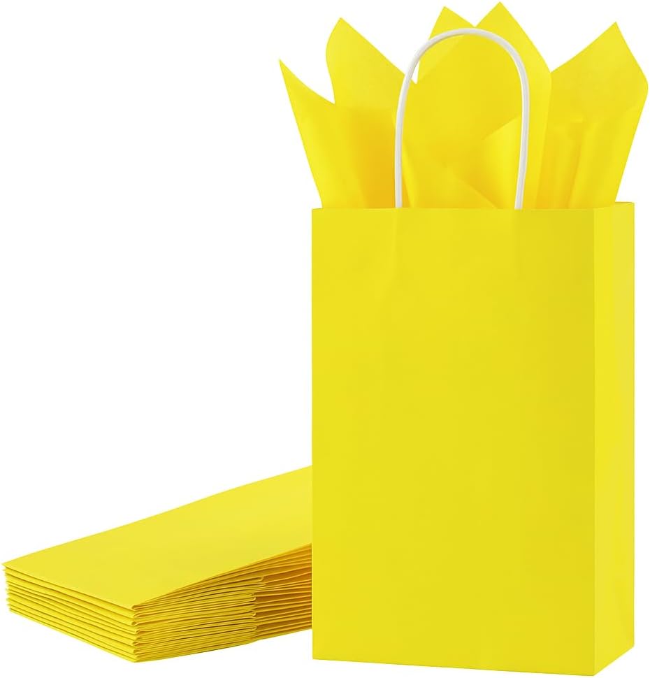 24-Pack Yellow Paper Gift Bags with Handles, 7.9x5.12x3.15 Inches,Small Kraft Paper Bags, Includes Tissue Paper for Parties, Birthdays, Easter, Baby Showers