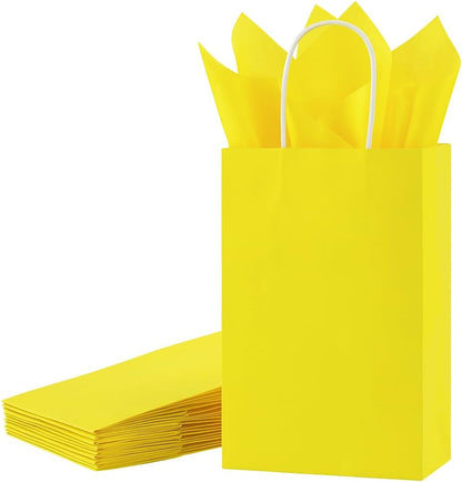 24-Pack Yellow Paper Gift Bags with Handles, 7.9x5.12x3.15 Inches,Small Kraft Paper Bags, Includes Tissue Paper for Parties, Birthdays, Easter, Baby Showers