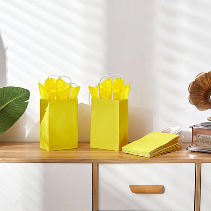24-Pack Yellow Paper Gift Bags with Handles, 7.9x5.12x3.15 Inches,Small Kraft Paper Bags, Includes Tissue Paper for Parties, Birthdays, Easter, Baby Showers