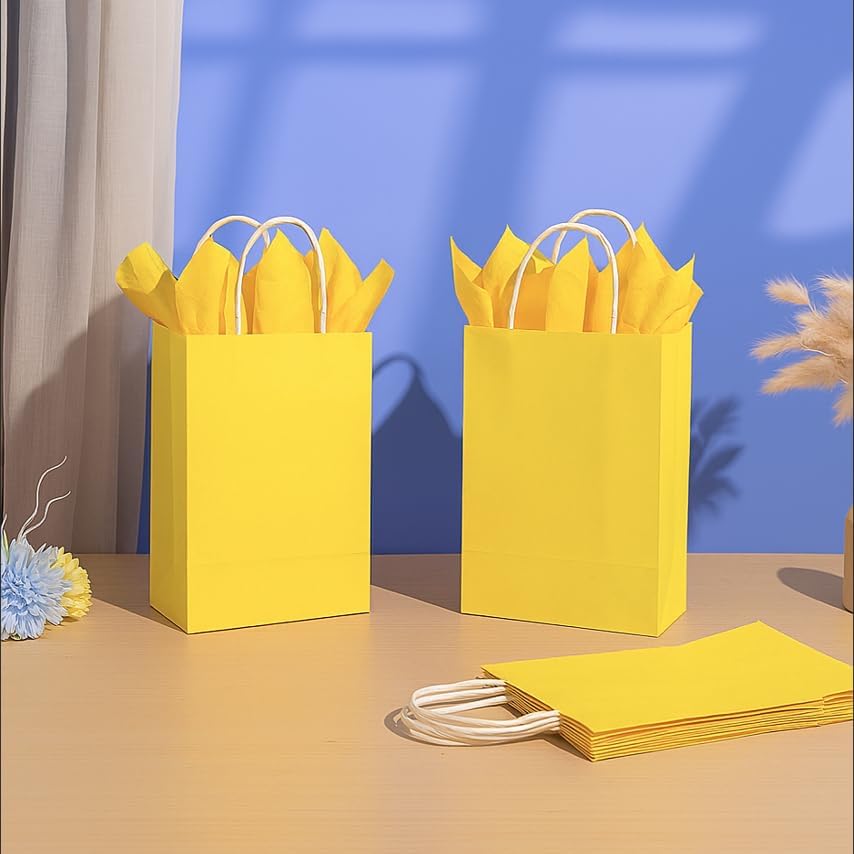 24-Pack Yellow Paper Gift Bags with Handles, 7.9x5.12x3.15 Inches,Small Kraft Paper Bags, Includes Tissue Paper for Parties, Birthdays, Easter, Baby Showers