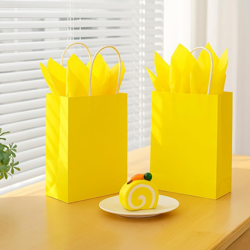 24-Pack Yellow Paper Gift Bags with Handles, 7.9x5.12x3.15 Inches,Small Kraft Paper Bags, Includes Tissue Paper for Parties, Birthdays, Easter, Baby Showers