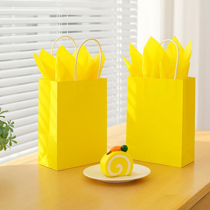 24-Pack Yellow Paper Gift Bags with Handles, 7.9x5.12x3.15 Inches,Small Kraft Paper Bags, Includes Tissue Paper for Parties, Birthdays, Easter, Baby Showers
