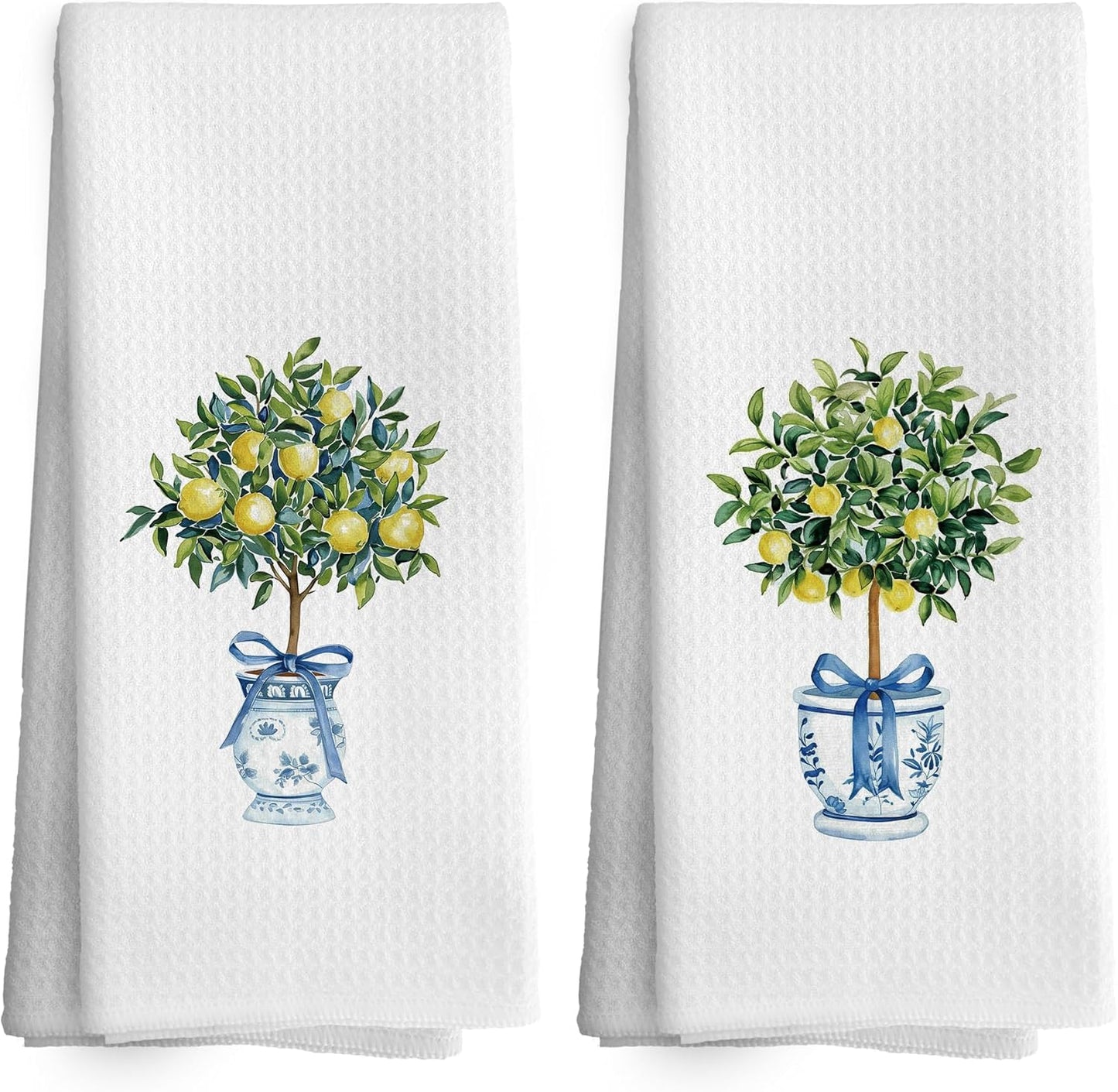Chinoiserie Decor Kitchen Towels Lemon Chinoiserie Dish Towel 16x24 Inches, Blue and White Chinese Vase Decorative Absorbent Dishcloths Tea Towels Set of 2 for Kitchen Bar Cart Decor