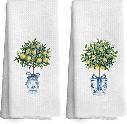 Chinoiserie Decor Kitchen Towels Lemon Chinoiserie Dish Towel 16x24 Inches, Blue and White Chinese Vase Decorative Absorbent Dishcloths Tea Towels Set of 2 for Kitchen Bar Cart Decor