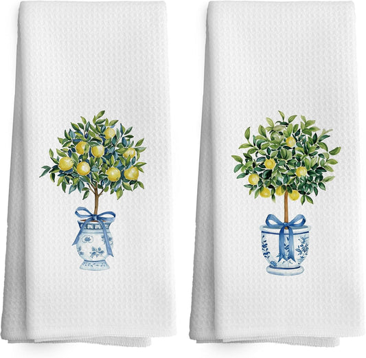 Chinoiserie Decor Kitchen Towels Lemon Chinoiserie Dish Towel 16x24 Inches, Blue and White Chinese Vase Decorative Absorbent Dishcloths Tea Towels Set of 2 for Kitchen Bar Cart Decor