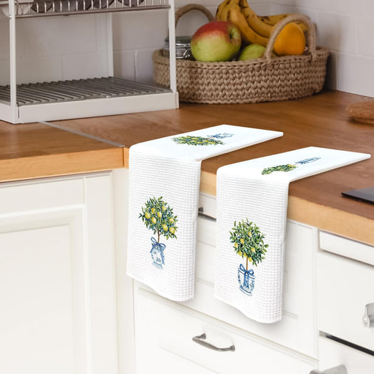 Chinoiserie Decor Kitchen Towels Lemon Chinoiserie Dish Towel 16x24 Inches, Blue and White Chinese Vase Decorative Absorbent Dishcloths Tea Towels Set of 2 for Kitchen Bar Cart Decor