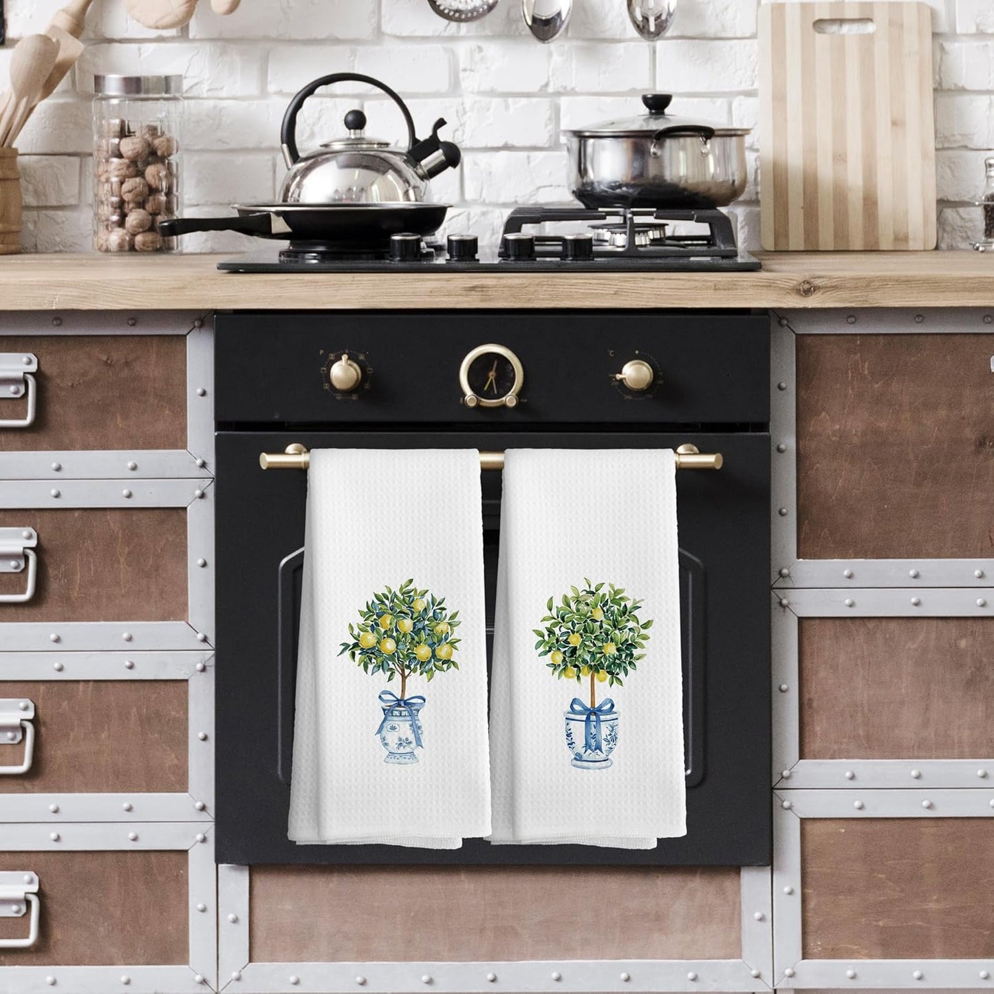Chinoiserie Decor Kitchen Towels Lemon Chinoiserie Dish Towel 16x24 Inches, Blue and White Chinese Vase Decorative Absorbent Dishcloths Tea Towels Set of 2 for Kitchen Bar Cart Decor