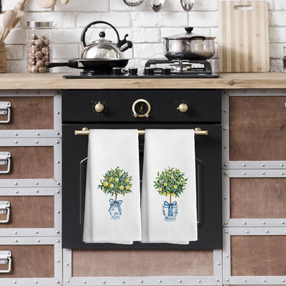 Chinoiserie Decor Kitchen Towels Lemon Chinoiserie Dish Towel 16x24 Inches, Blue and White Chinese Vase Decorative Absorbent Dishcloths Tea Towels Set of 2 for Kitchen Bar Cart Decor