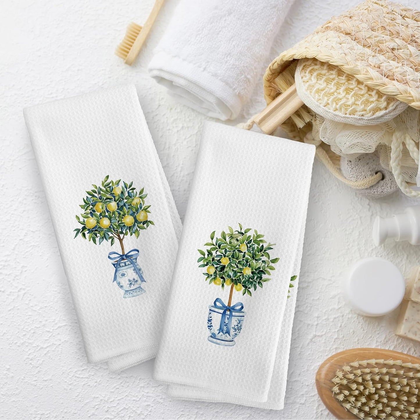 Chinoiserie Decor Kitchen Towels Lemon Chinoiserie Dish Towel 16x24 Inches, Blue and White Chinese Vase Decorative Absorbent Dishcloths Tea Towels Set of 2 for Kitchen Bar Cart Decor