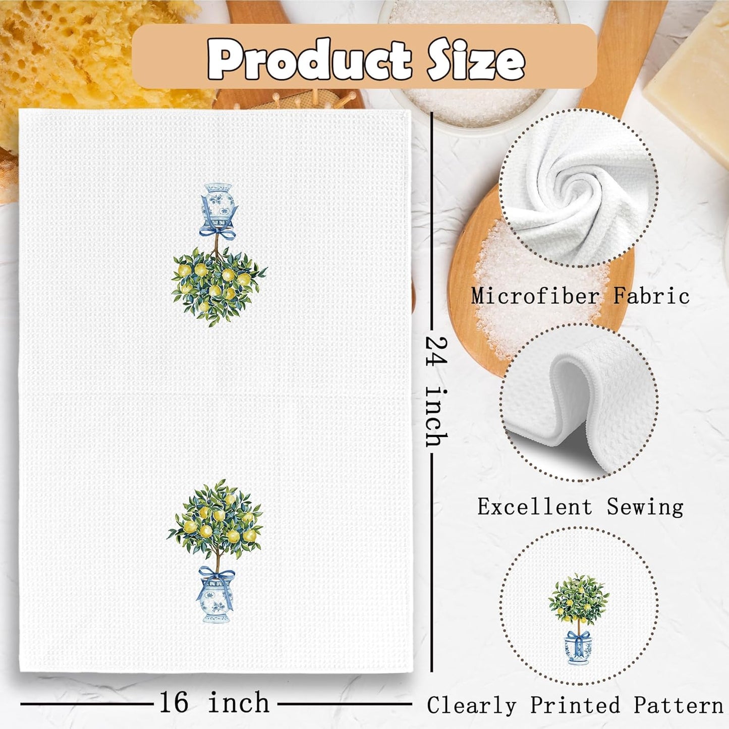 Chinoiserie Decor Kitchen Towels Lemon Chinoiserie Dish Towel 16x24 Inches, Blue and White Chinese Vase Decorative Absorbent Dishcloths Tea Towels Set of 2 for Kitchen Bar Cart Decor