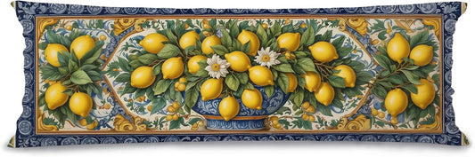 Yellow and Blue Italian Lemon 20x54 Body Pillow Cover, Summer Mediterranean Tiles Amalfi Coast Lemon Body Pillow Pillowcase with Zipper for Bed Couch