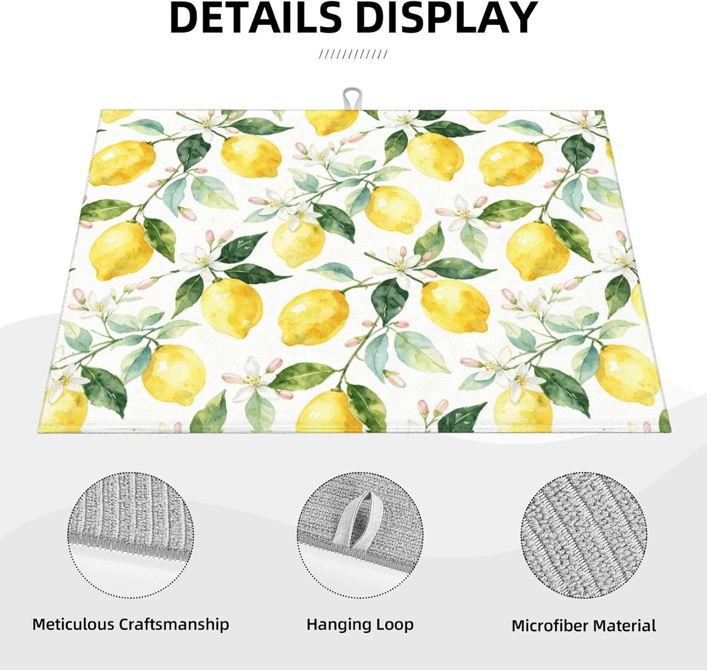 Lemon Dish Drying Mat For Kitchen Counter 18 X 24 In, Microfiber Absorbent Dish Drainer Mat With Hanging Loop Reversible Dish Drainer Mats Countertops Protector Pad Kitchen Accessories