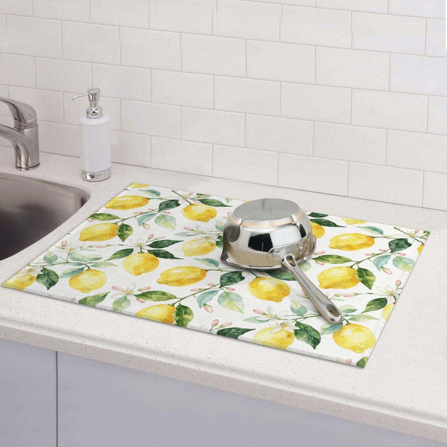 Lemon Dish Drying Mat For Kitchen Counter 18 X 24 In, Microfiber Absorbent Dish Drainer Mat With Hanging Loop Reversible Dish Drainer Mats Countertops Protector Pad Kitchen Accessories