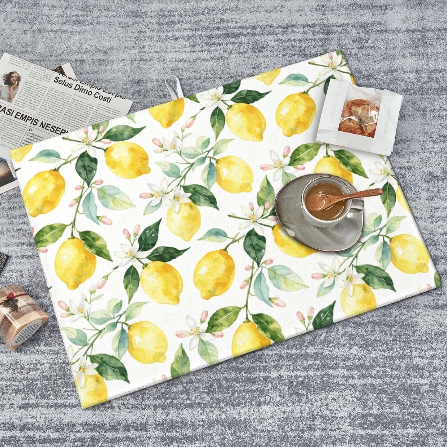 Lemon Dish Drying Mat For Kitchen Counter 18 X 24 In, Microfiber Absorbent Dish Drainer Mat With Hanging Loop Reversible Dish Drainer Mats Countertops Protector Pad Kitchen Accessories