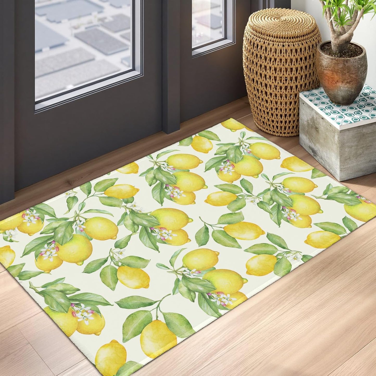Lemon Decorative Area Rug 2x3 Spring Summer Yellow Fruit Green Leaf Floral Front Door Mat Indoor Outdoor Non-Slip Small Entryway Throw Rugs for Kitchen Bathroom Living Room Bedroom