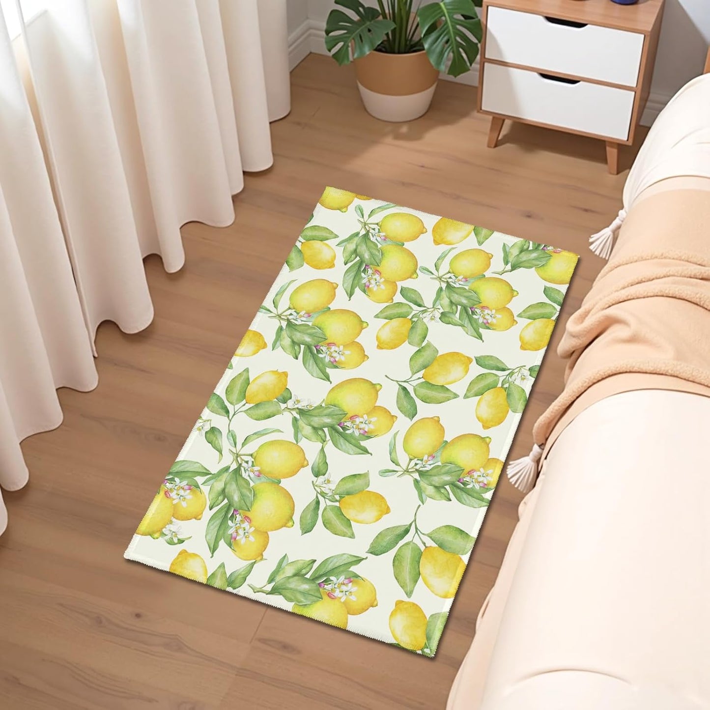 Lemon Decorative Area Rug 2x3 Spring Summer Yellow Fruit Green Leaf Floral Front Door Mat Indoor Outdoor Non-Slip Small Entryway Throw Rugs for Kitchen Bathroom Living Room Bedroom