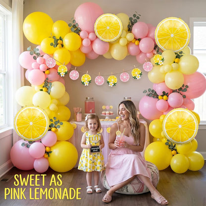 Pink Lemonade Party Decorations - Pink and Yellow Balloon Arch Kit with Lemon Foil Balloons and Banner for Lemon Baby Shower Summer Birthday Bridal Shower Party Decor