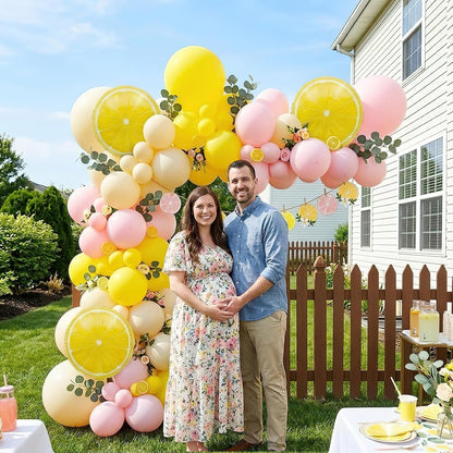 Pink Lemonade Party Decorations - Pink and Yellow Balloon Arch Kit with Lemon Foil Balloons and Banner for Lemon Baby Shower Summer Birthday Bridal Shower Party Decor