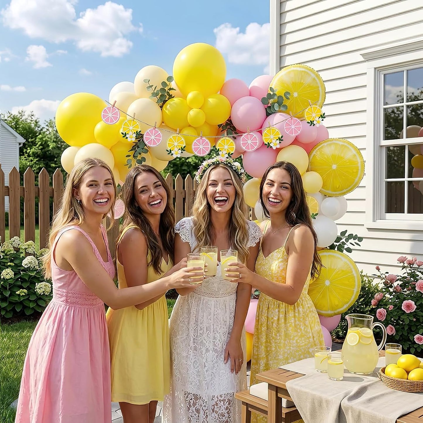 Pink Lemonade Party Decorations - Pink and Yellow Balloon Arch Kit with Lemon Foil Balloons and Banner for Lemon Baby Shower Summer Birthday Bridal Shower Party Decor
