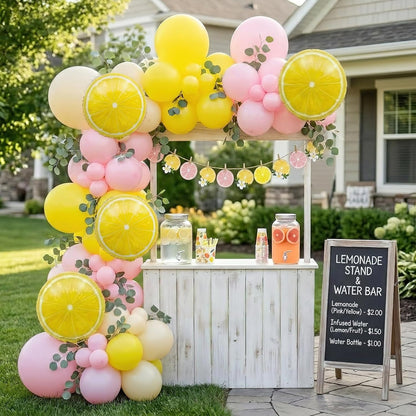 Pink Lemonade Party Decorations - Pink and Yellow Balloon Arch Kit with Lemon Foil Balloons and Banner for Lemon Baby Shower Summer Birthday Bridal Shower Party Decor
