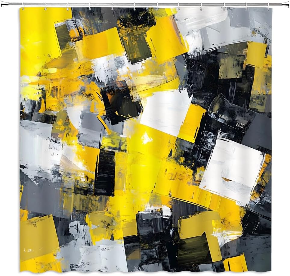 Yellow Shower Curtain Abstract Modern Oil Painting Grey Black White Bathroom Decor Curtains Set with Hooks, 55" W x 70" H