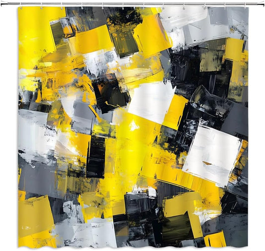 Yellow Shower Curtain Abstract Modern Oil Painting Grey Black White Bathroom Decor Curtains Set with Hooks, 55" W x 70" H