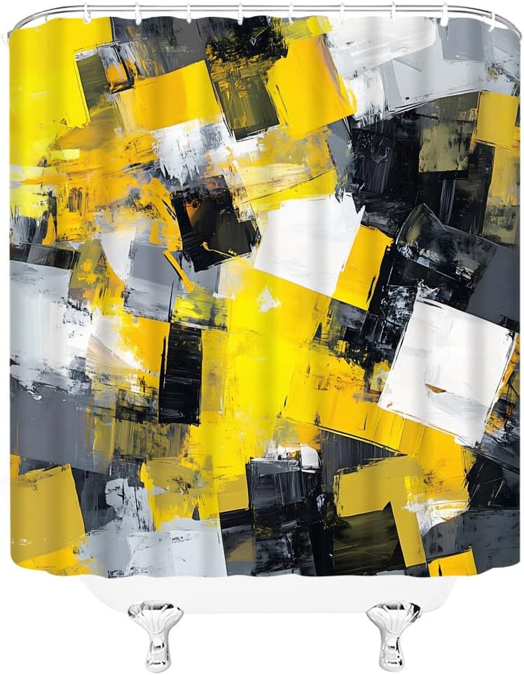 Yellow Shower Curtain Abstract Modern Oil Painting Grey Black White Bathroom Decor Curtains Set with Hooks, 55" W x 70" H