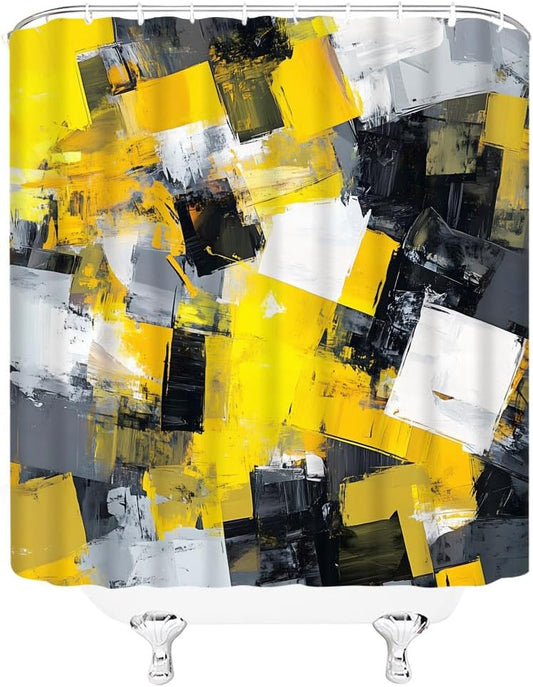 Yellow Shower Curtain Abstract Modern Oil Painting Grey Black White Bathroom Decor Curtains Set with Hooks, 55" W x 70" H