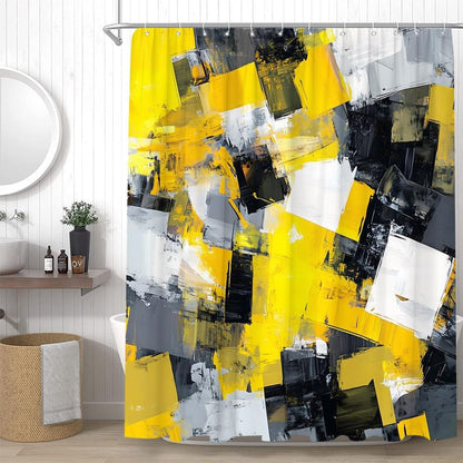 Yellow Shower Curtain Abstract Modern Oil Painting Grey Black White Bathroom Decor Curtains Set with Hooks, 55" W x 70" H