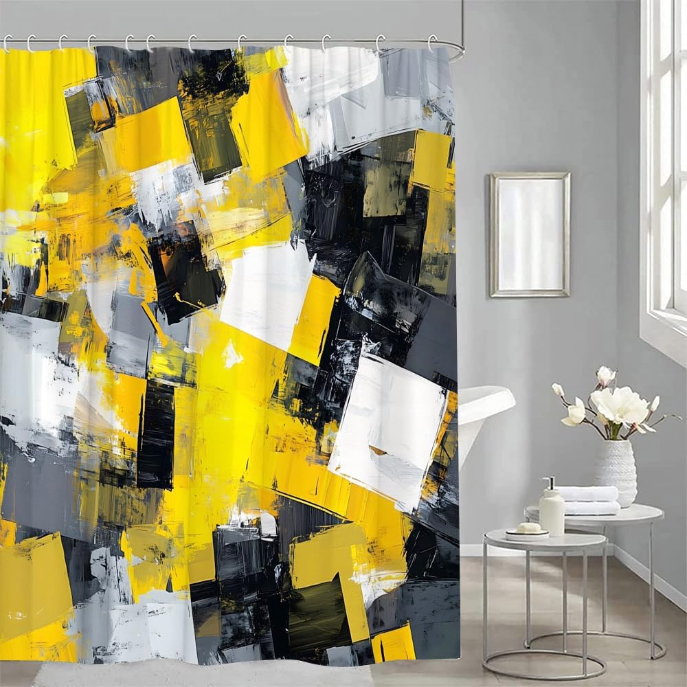 Yellow Shower Curtain Abstract Modern Oil Painting Grey Black White Bathroom Decor Curtains Set with Hooks, 55" W x 70" H