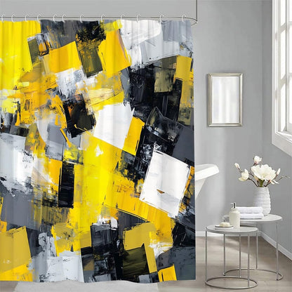 Yellow Shower Curtain Abstract Modern Oil Painting Grey Black White Bathroom Decor Curtains Set with Hooks, 55" W x 70" H