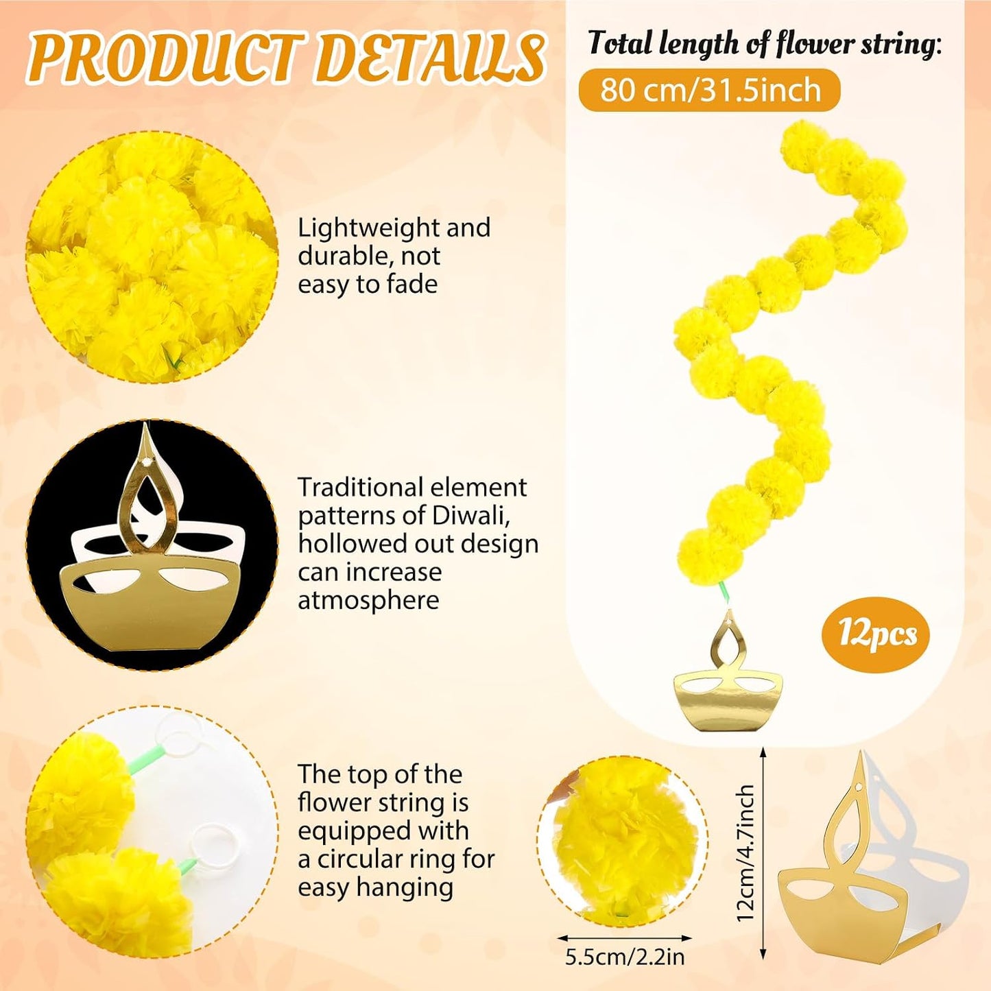 12 Pcs Marigold Garland 2.6 ft Long Strands Artificial Marigold Flowers Garland with Pendant Flower String Indian Diwali Decorations for Pooja Indian Wedding Dia De Los Muertos(Yellow)