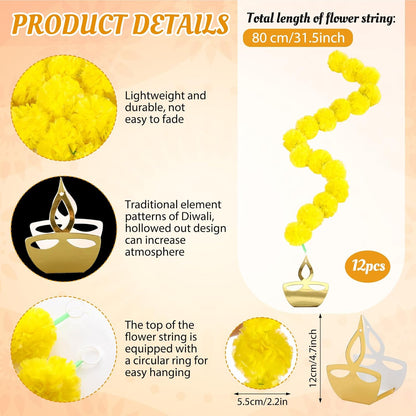12 Pcs Marigold Garland 2.6 ft Long Strands Artificial Marigold Flowers Garland with Pendant Flower String Indian Diwali Decorations for Pooja Indian Wedding Dia De Los Muertos(Yellow)