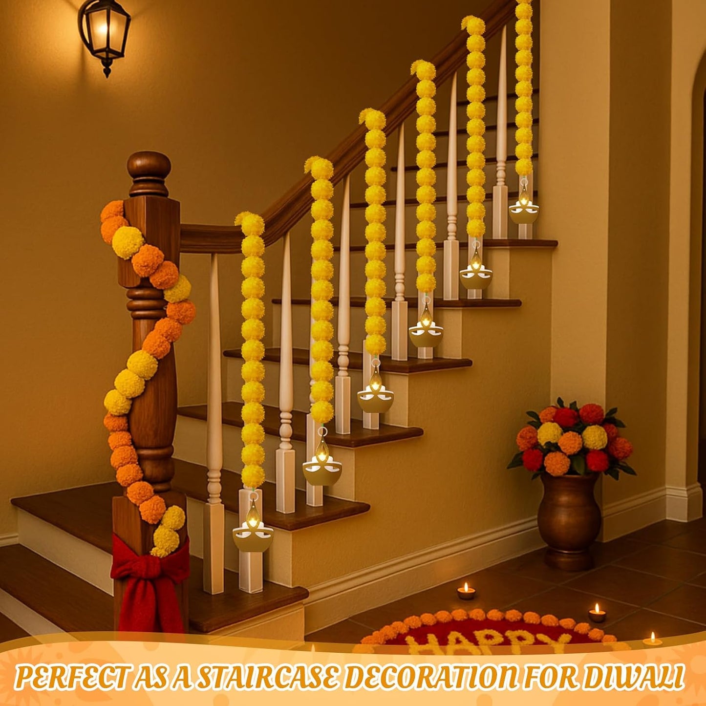 12 Pcs Marigold Garland 2.6 ft Long Strands Artificial Marigold Flowers Garland with Pendant Flower String Indian Diwali Decorations for Pooja Indian Wedding Dia De Los Muertos(Yellow)