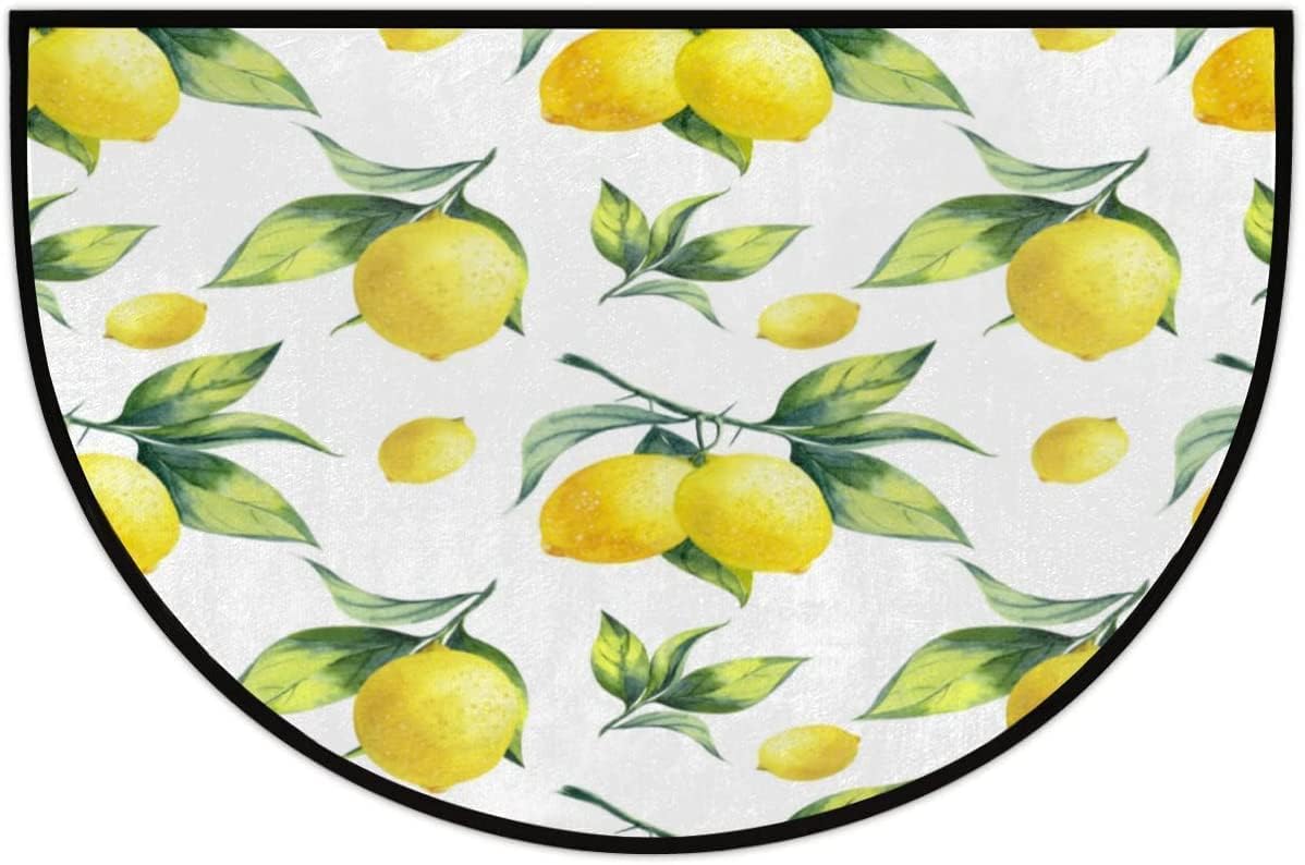 Bathroom Rugs Lemon Leaves Half Round Door Mat, Fruit Pattern Non-Slip Half Circle Area Rug Doormat Washable Half Moon Rug Indoor Entrance Doormat for Kitchen Bedroom Home Decor 18x30 Inch