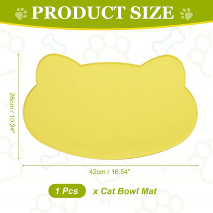 Cat Food Mat, 17x10 Inch Silicone Pet Feeding Mat Non-Slip Cat Shaped Waterproof Dog Water Bowl Tray Raised Edge Protects Floors (Yellow), Intended for Pets Bowl/Fountain