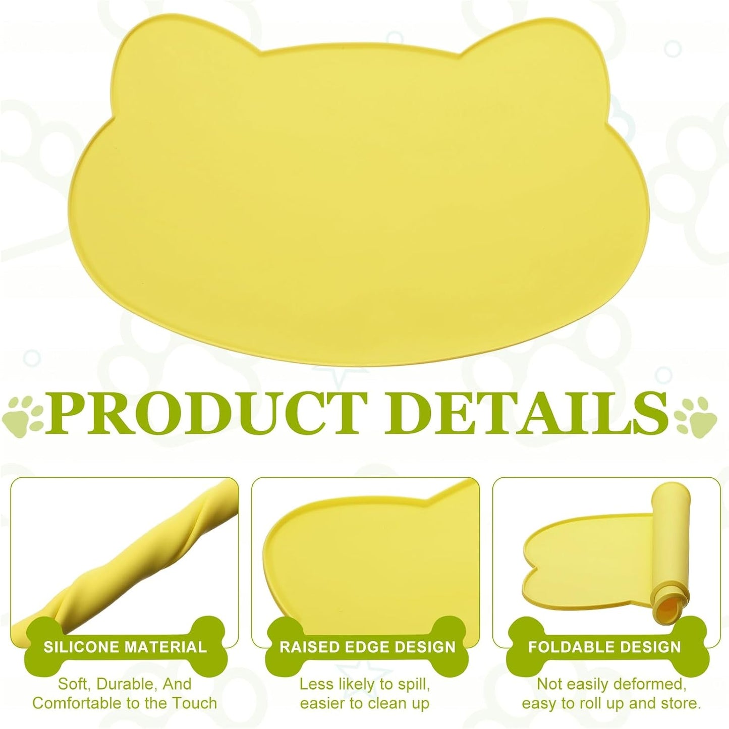 Cat Food Mat, 17x10 Inch Silicone Pet Feeding Mat Non-Slip Cat Shaped Waterproof Dog Water Bowl Tray Raised Edge Protects Floors (Yellow), Intended for Pets Bowl/Fountain