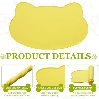 Cat Food Mat, 17x10 Inch Silicone Pet Feeding Mat Non-Slip Cat Shaped Waterproof Dog Water Bowl Tray Raised Edge Protects Floors (Yellow), Intended for Pets Bowl/Fountain